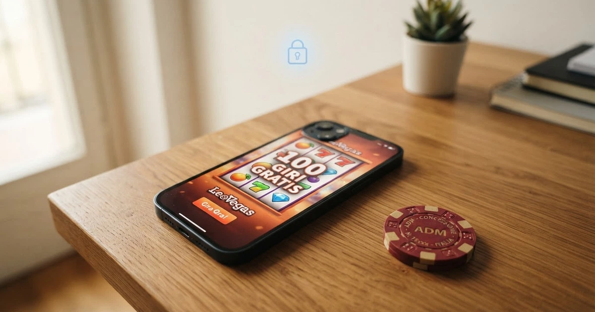 Uno schermo di smartphone che mostra una slot machine con la dicitura «100 giri gratis» e il logo di un casinò online, affiancato dal simbolo del lucchetto SPID