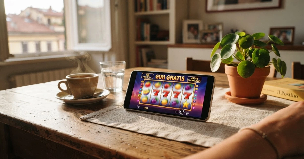 Una persona che guarda lo schermo di uno smartphone con sopra una slot machine colorata e la dicitura «giri gratis», in un ambiente domestico luminoso e informale