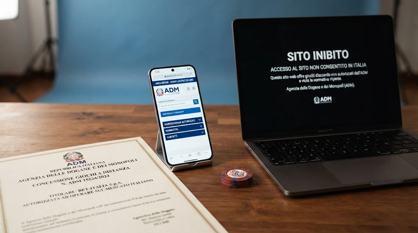 Il logo ufficiale dell'Agenzia delle Dogane e dei Monopoli accanto alla dicitura «Concessionario Autorizzato» e, in contrasto, una schermata di blocco DNS