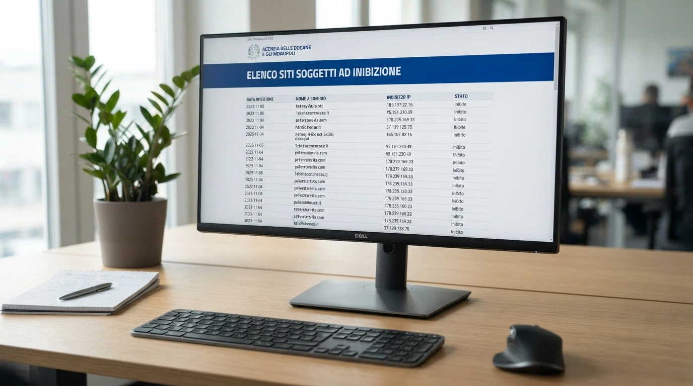 Schermata del portale ADM con l'elenco dei siti web soggetti a inibizione e la dicitura «siti soggetti ad inibizione» visibile nell'intestazione della pagina