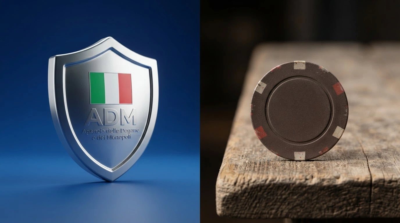 Un confronto visivo tra le tutele del sistema ADM (scudo, documenti, sigillo) e l'assenza delle stesse protezioni in un casinò senza concessione italiana