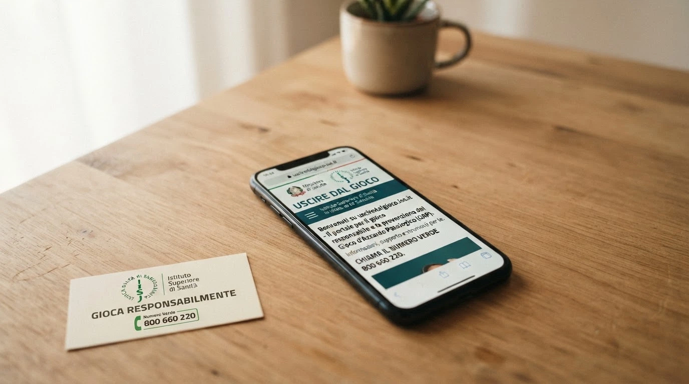 Il numero verde 800 558822 in primo piano su uno sfondo con il logo dell'Istituto Superiore di Sanità e l'indirizzo usciredalgioco.iss.it