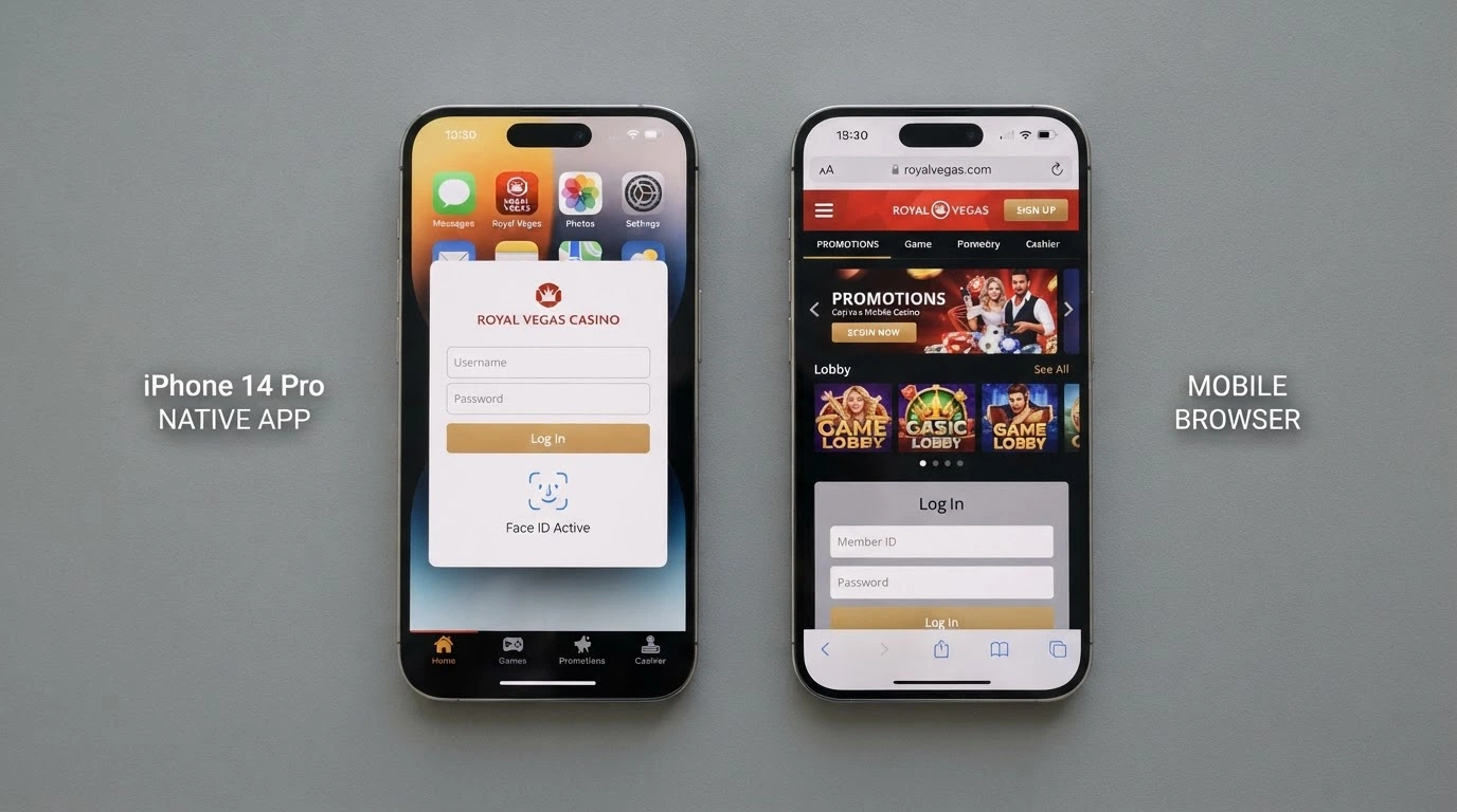 Due smartphone affiancati: a sinistra l'app nativa di un casinò con icona sulla home screen e login biometrico attivo, a destra lo stesso casinò aperto nel browser Chrome con la barra degli indirizzi visibile e il flusso di login manuale