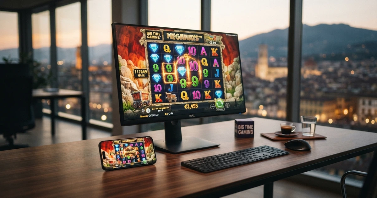 L'interfaccia di una slot Big Time Gaming con il logo Megaways™ visibile, su schermo desktop e mobile affiancati