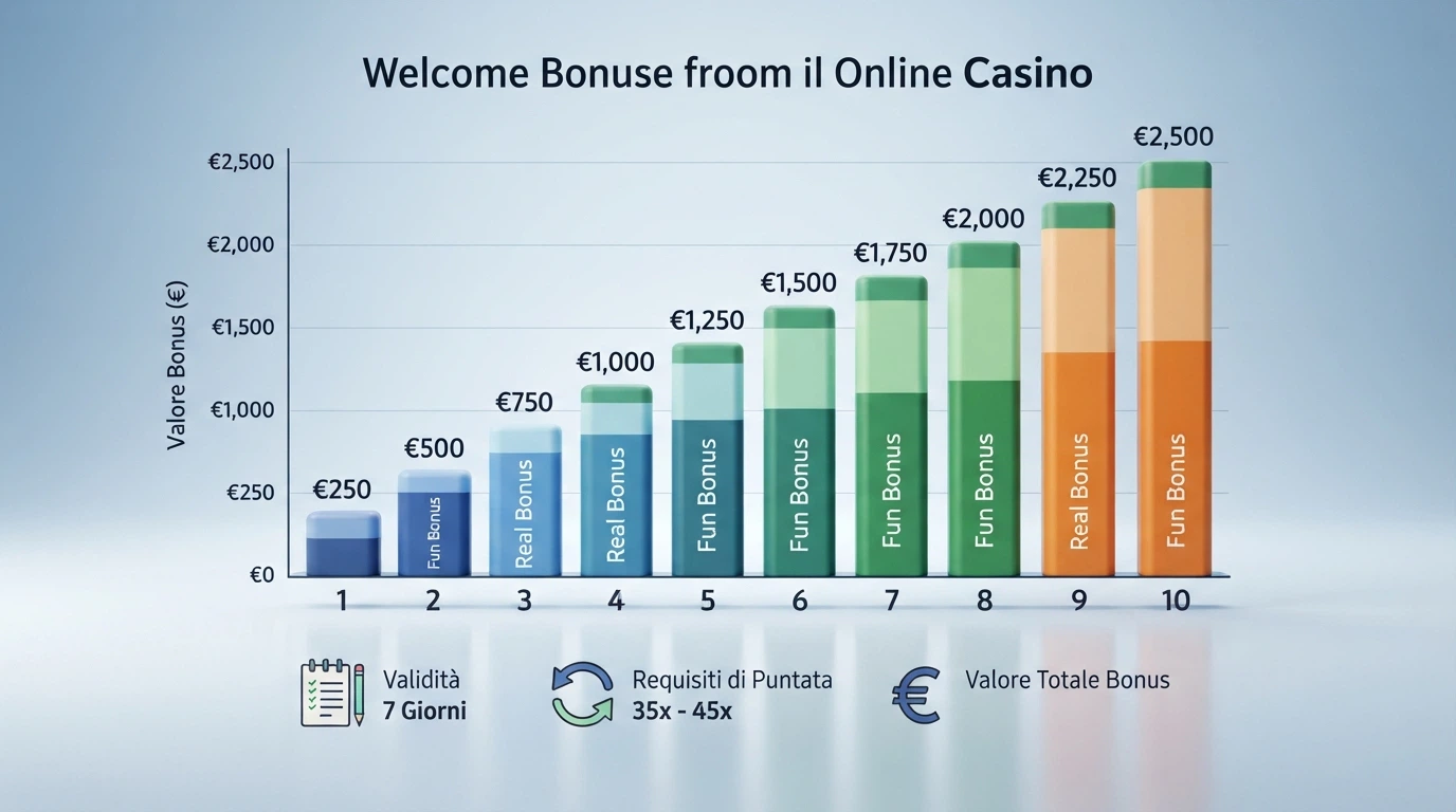 Tabella comparativa con i bonus di benvenuto di dieci casinò online con licenza ADM
