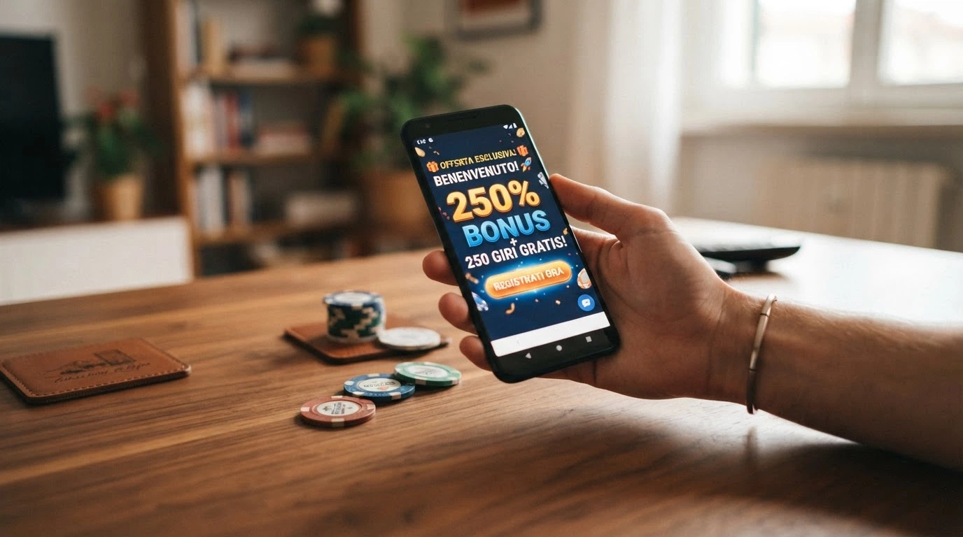 Schermata promozionale di un bonus di benvenuto di un casinò non AAMS con percentuale di match, giri gratuiti e termini in evidenza