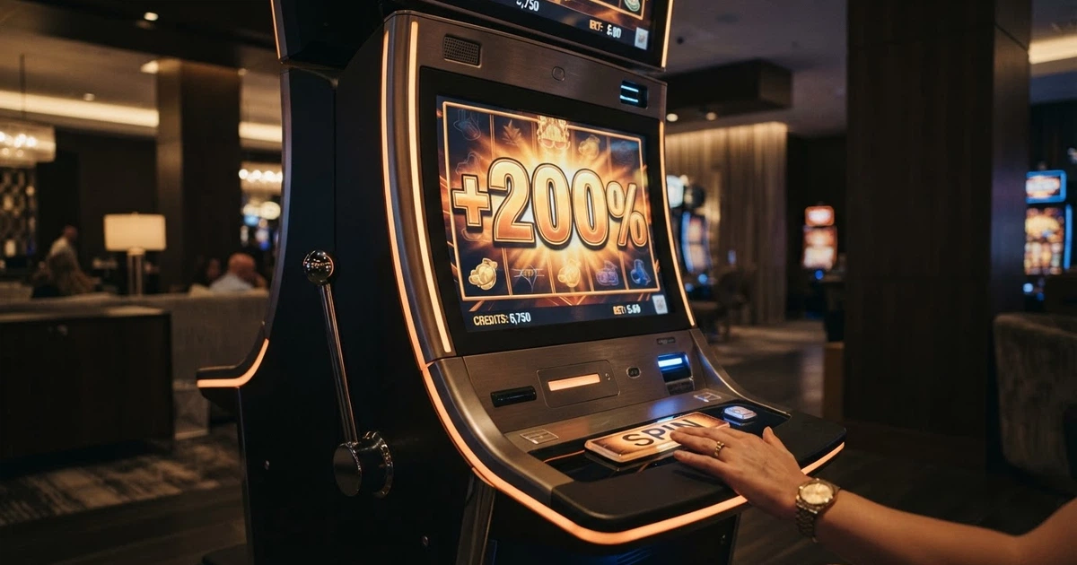 Primo piano di una slot machine accesa con un riquadro promozionale che mostra «+200%» sullo schermo