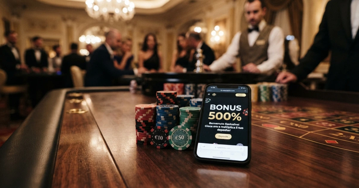 Un tavolo da casino con fiches e una schermata di benvenuto che mostra la dicitura «Bonus 500%»
