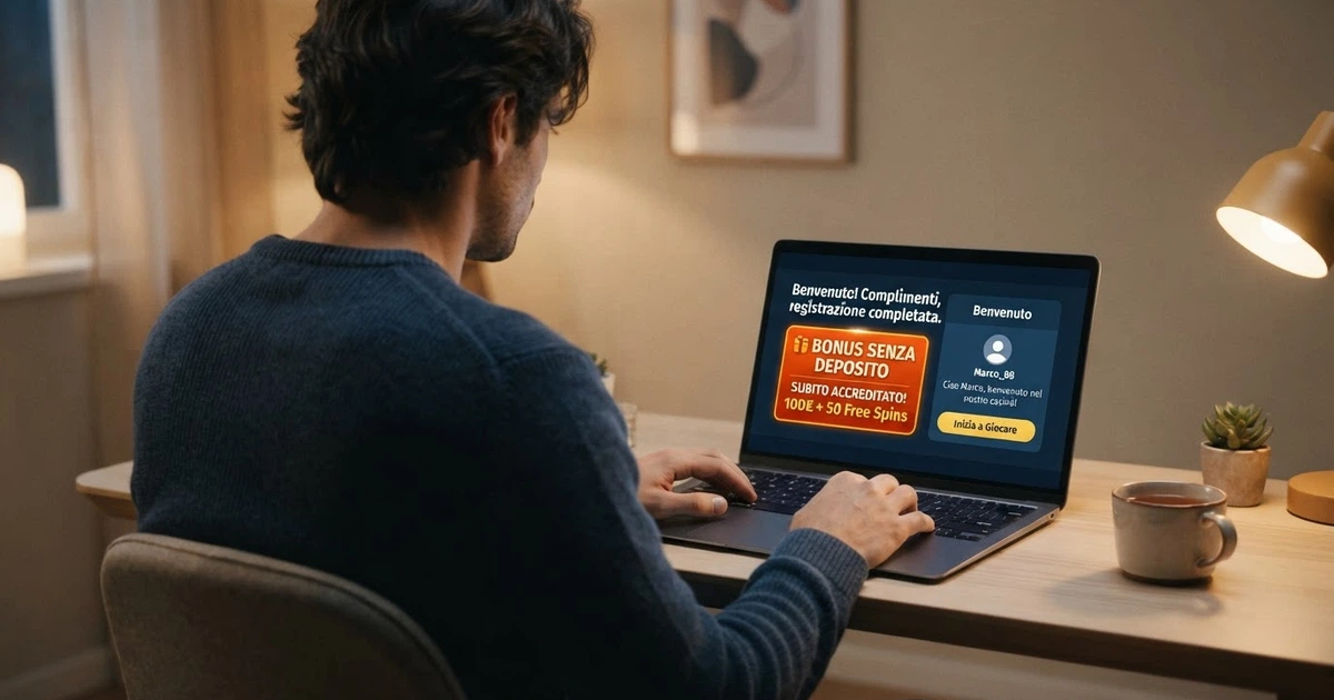 Un giocatore davanti allo schermo di un computer con la schermata di registrazione di un casinò online e un badge «Senza Deposito» in evidenza