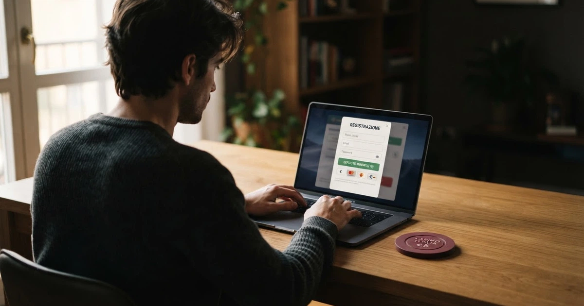 Un giocatore che completa la registrazione su un casinò online, con il modulo di iscrizione sullo schermo di un computer portatile