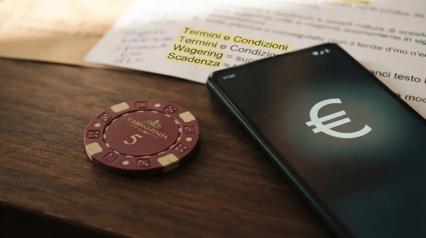 Una mano che tiene diverse fiches da casinò con un cartellino «Senza Deposito» in primo piano, e sullo sfondo la schermata dei termini e condizioni di un bonus con evidenziati wagering e scadenza