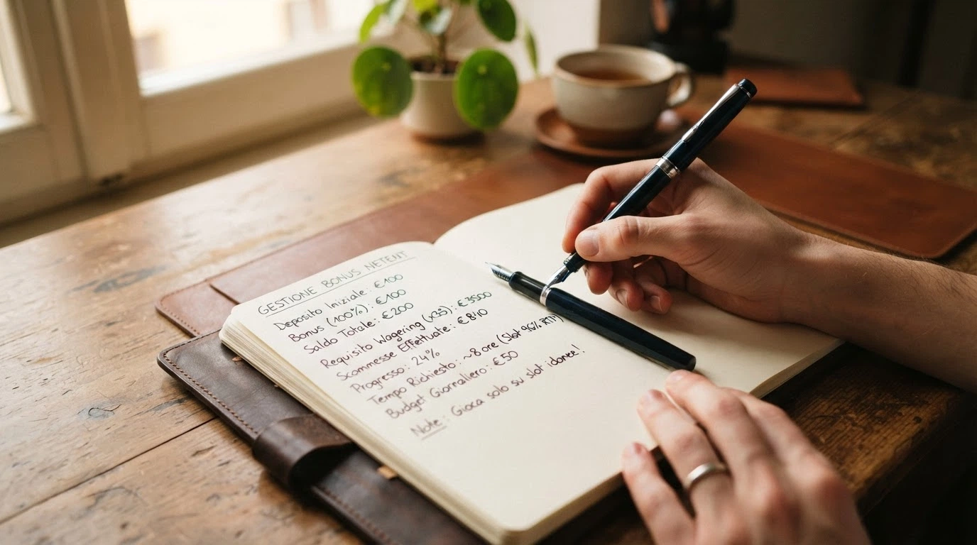 Una calcolatrice accanto a un foglio con appunti che riporta moltiplicatore di puntata, importo del bonus e ore stimate per lo sblocco, penna stilografica in primo piano