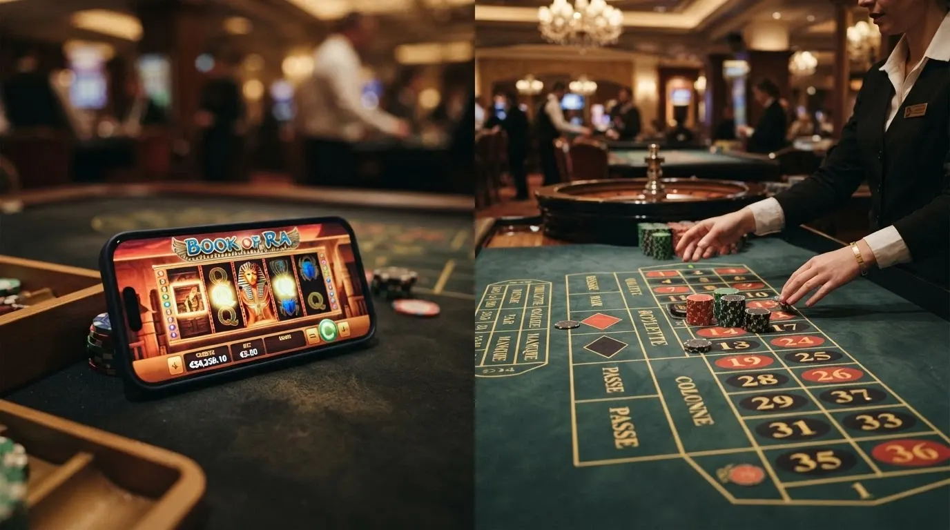 Schermata divisa: a sinistra una slot machine online, a destra un tavolo di live casino con croupier.