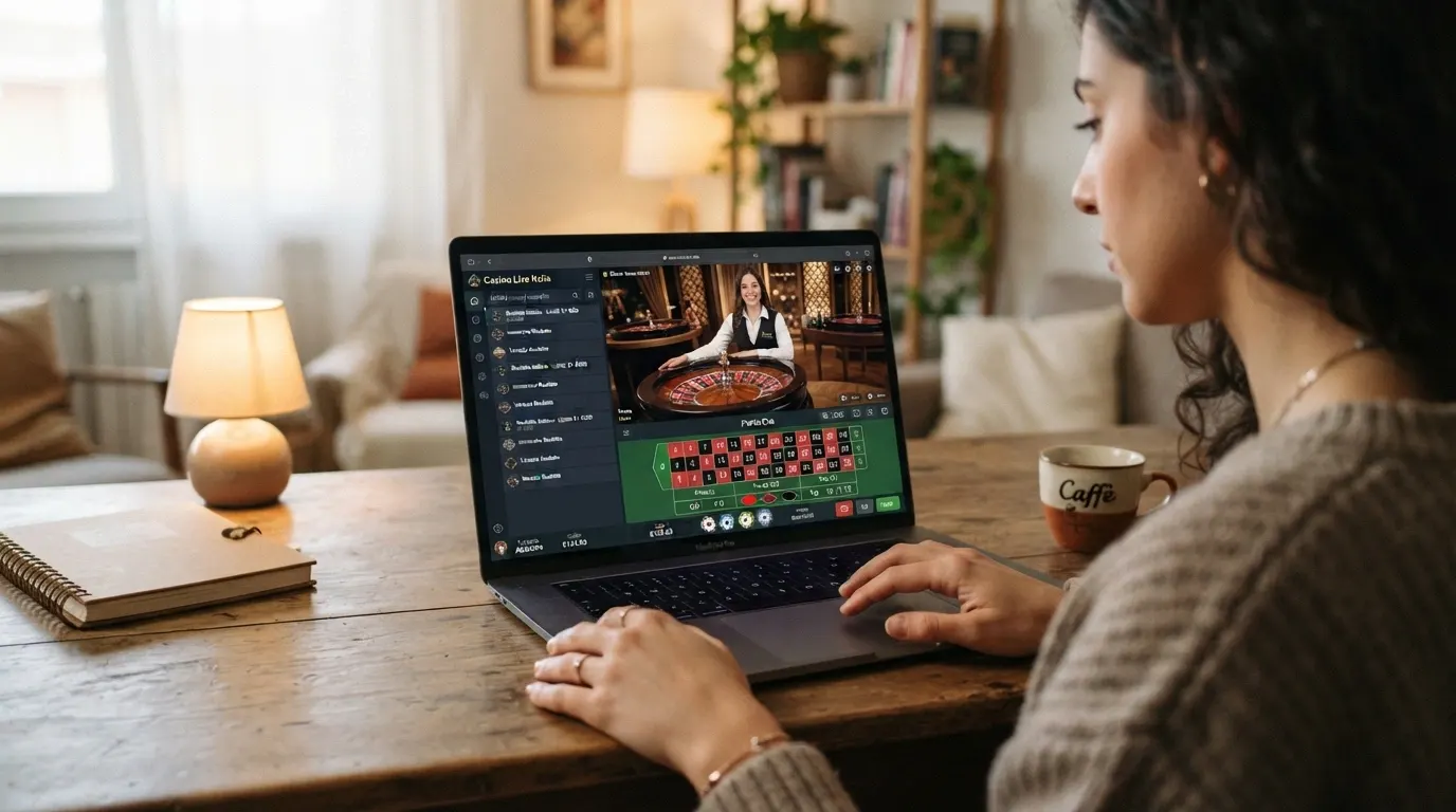Schermata di un casinò online con licenza ADM che mostra la lobby della roulette dal vivo: sulla sinistra l'elenco dei tavoli disponibili con limiti e varianti, al centro la finestra di streaming con un croupier al tavolo, sulla destra l'interfaccia delle puntate in italiano.