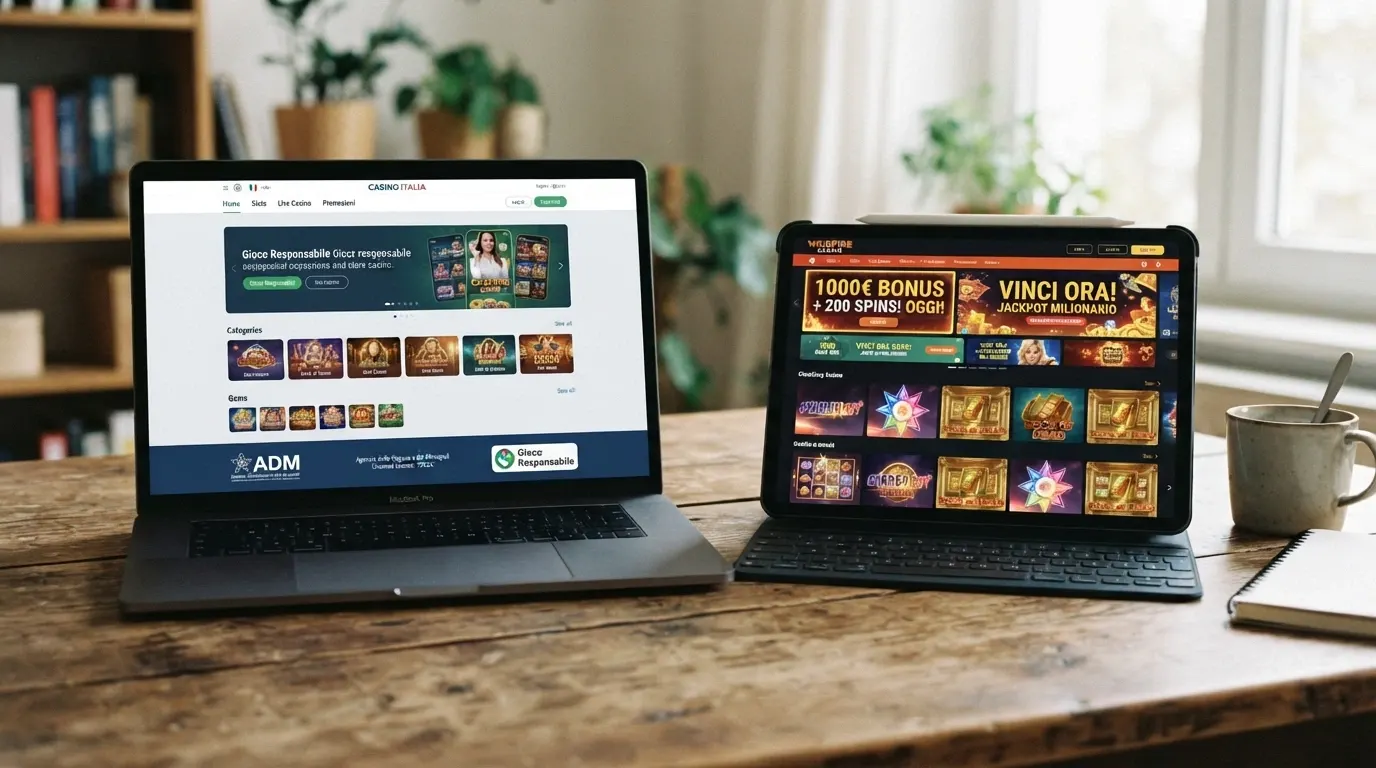 Un confronto visivo tra l'interfaccia di un casinò con licenza ADM (con codice concessione visibile, logo ADM, link a gioco responsabile) e un sito senza concessione italiana (senza riferimenti ADM, con bonus aggressivi in homepage)