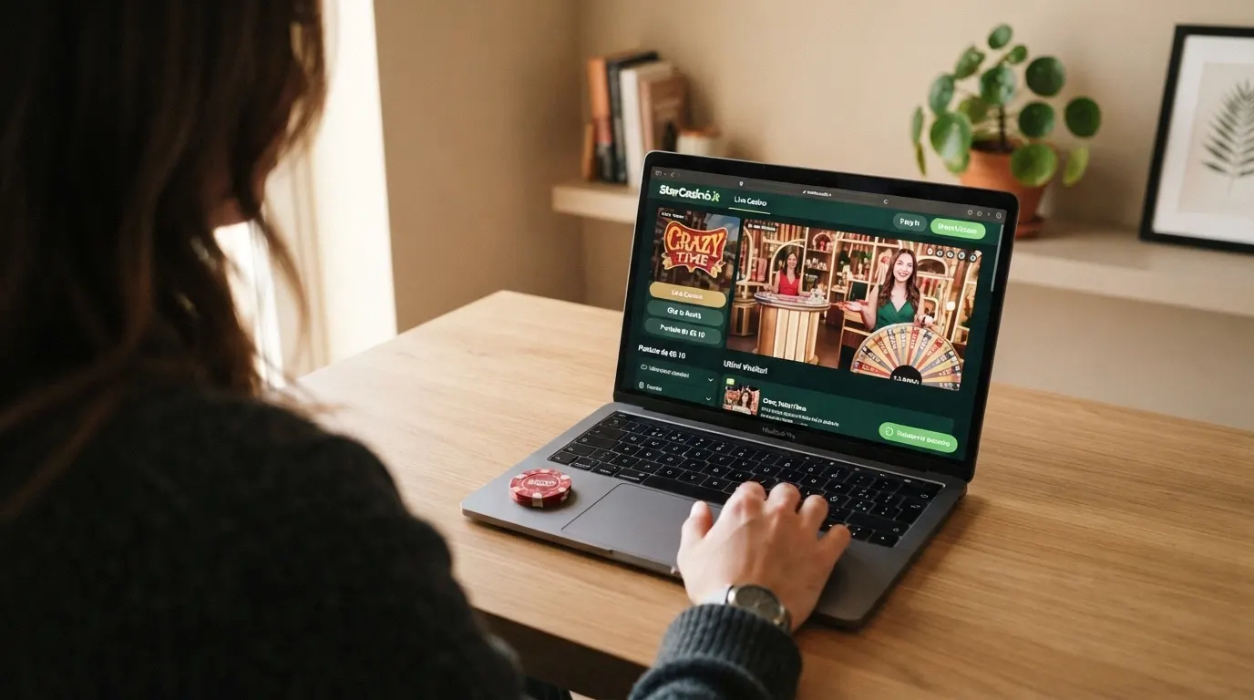 La lobby di un casinò online italiano con licenza ADM che mostra il gioco Crazy Time tra i titoli live in evidenza, con interfaccia in lingua italiana
