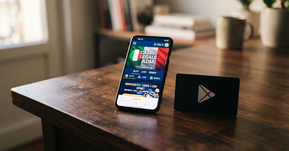 Uno smartphone Android con lo schermo che mostra la homepage di un casinò online con licenza ADM, accanto al logo del Google Play Store.