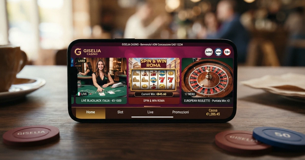 Un iPhone che mostra sullo schermo l'interfaccia di un'app casinò ADM con slot machine, giochi da tavolo e la sezione casinò live
