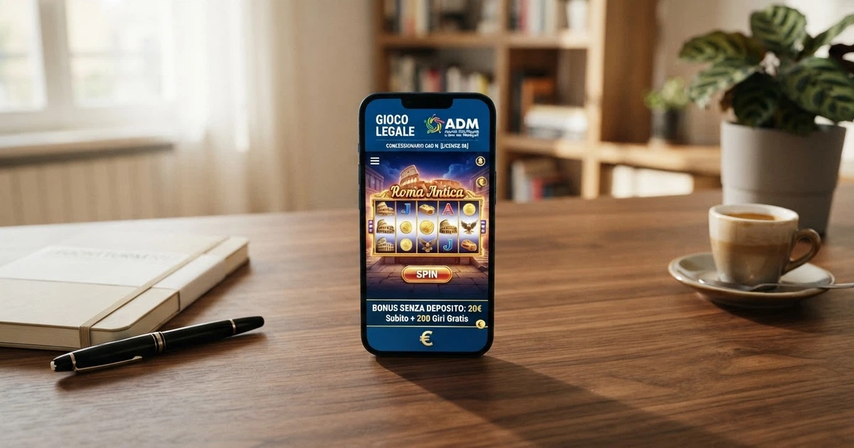 Interfaccia di un casinò online con licenza ADM che mostra un'offerta di bonus senza deposito da 100€