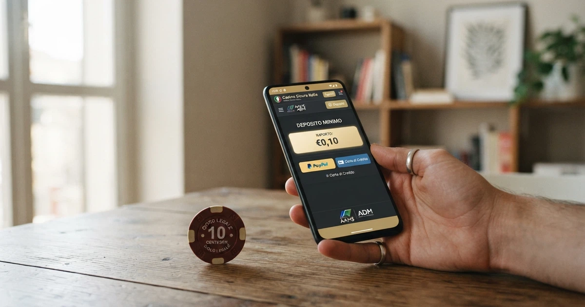 Una mano che tiene uno smartphone con l'interfaccia di un casinò online in italiano; sullo schermo si vede la schermata di deposito con l'importo minimo evidenziato e una moneta da 10 centesimi appoggiata accanto al telefono
