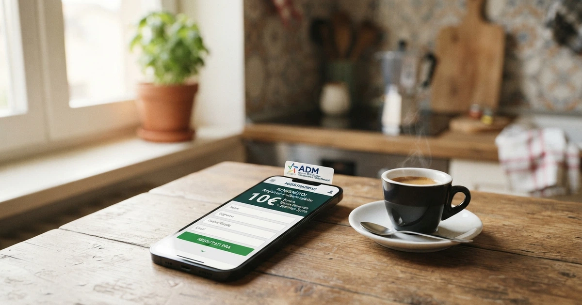 Un telefono che mostra la schermata di registrazione di un casinò online con la cifra «10€» evidenziata accanto al pulsante di deposito, affiancato da un calice di caffè su un tavolo luminoso