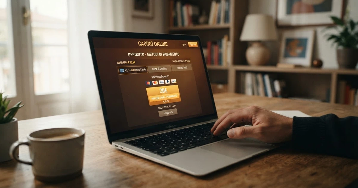 Un giocatore consulta la pagina dei depositi di un casinò online sullo schermo di un laptop, con l'importo di 20€ evidenziato tra le opzioni di ricarica