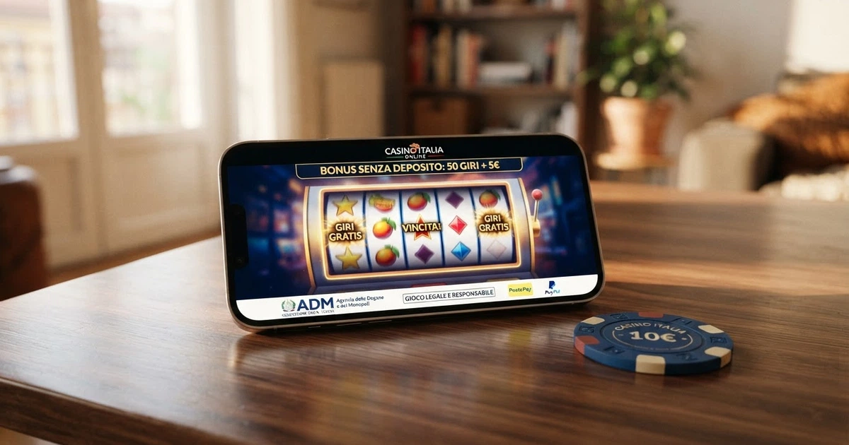 Un casinò online con interfaccia in italiano, sezione bonus in evidenza e licenza visualizzata nel footer