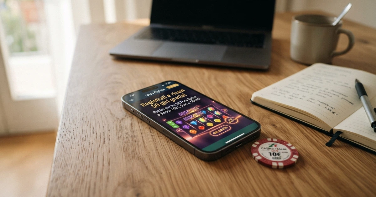 Un casinò online concesso ADM mostra un riquadro di benvenuto con giri gratis senza deposito e la dicitura «Registrati e ricevi 50 giri gratis»