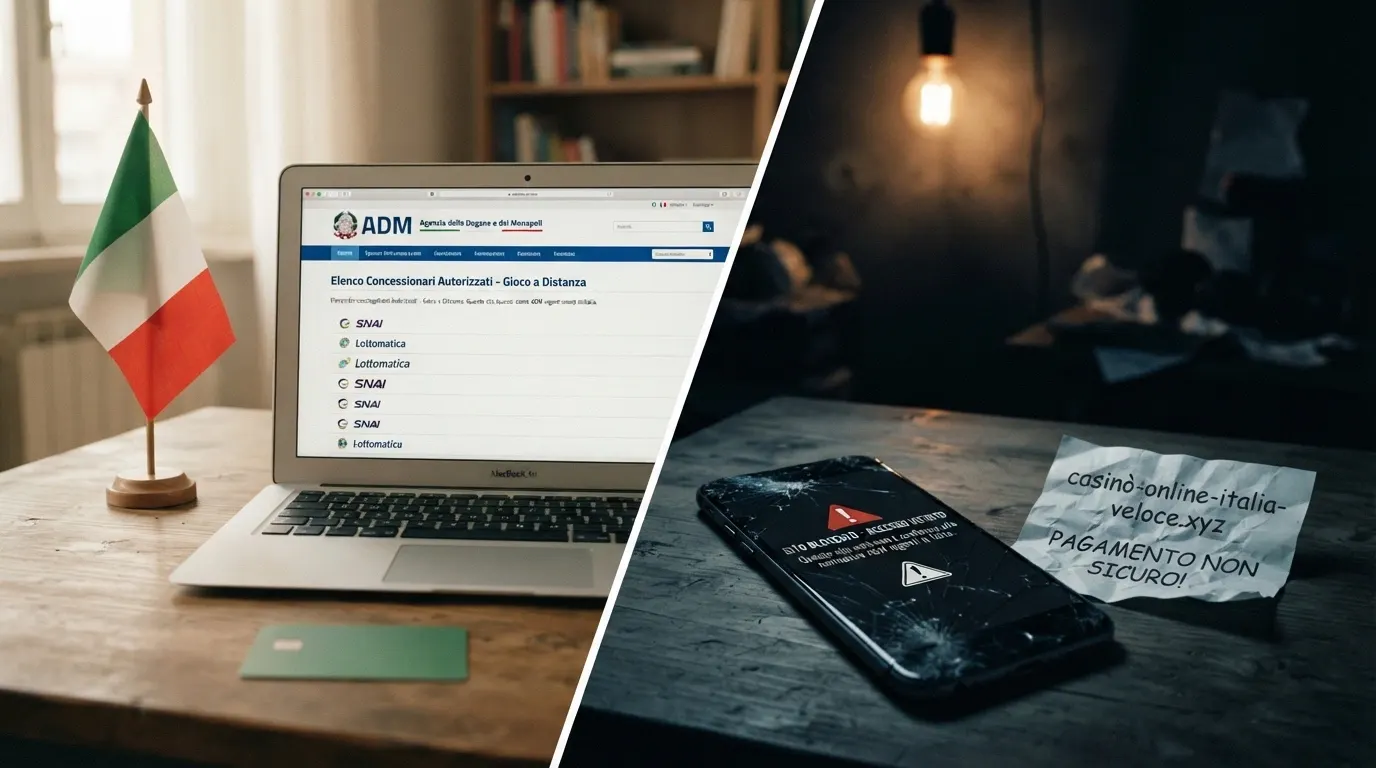 Schermata del registro concessioni ADM con sigillo ufficiale accanto a un sito bloccato con avviso degli ISP