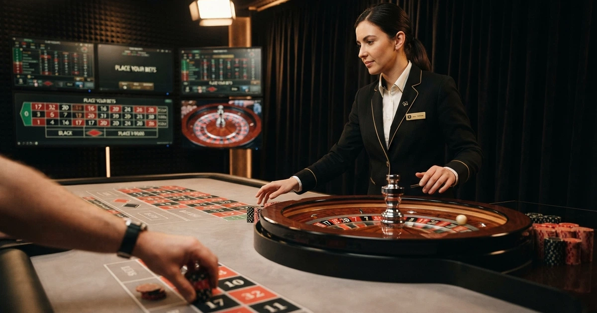 Un croupier inquadrato frontalmente dietro un tavolo da roulette in uno studio professionale, con monitor alle spalle che mostrano le puntate in tempo reale e l'inquadratura della ruota