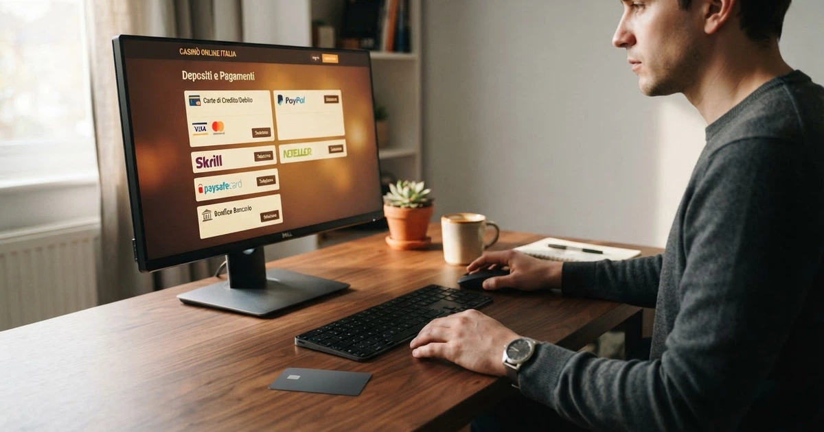 Un giocatore seduto davanti allo schermo di un computer con una carta di credito appoggiata sulla scrivania, sullo sfondo l'interfaccia di un casinò online con l'elenco dei metodi di pagamento disponibili