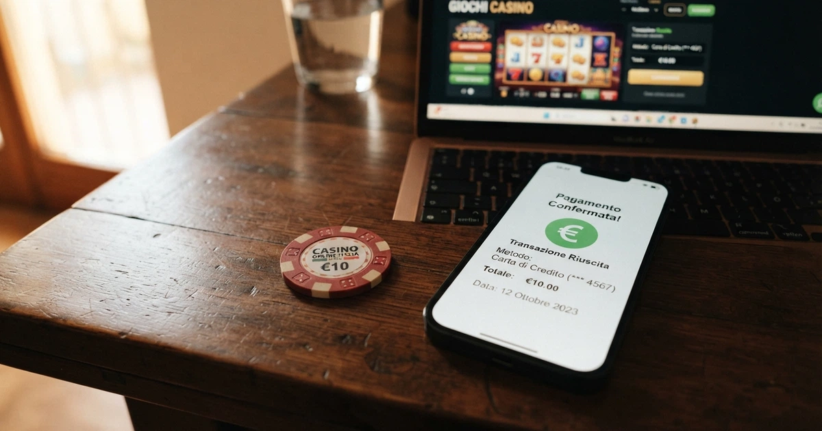 Un primo piano di una carta American Express appoggiata su uno schermo che mostra la pagina di un casinò online, con la bandiera italiana sullo sfondo