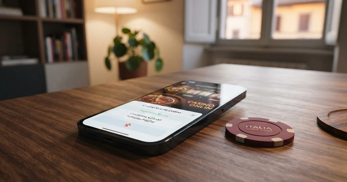Uno smartphone con l'interfaccia di Apple Pay e un casinò online sullo schermo, una carta di credito appoggiata accanto