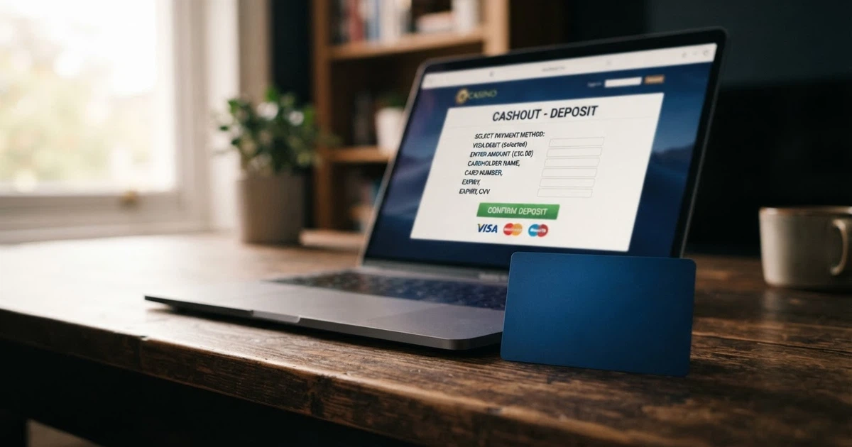 Una carta Maestro appoggiata accanto allo schermo di un computer che mostra la pagina di cassa di un casinò online con l'opzione Maestro selezionata tra i metodi di deposito