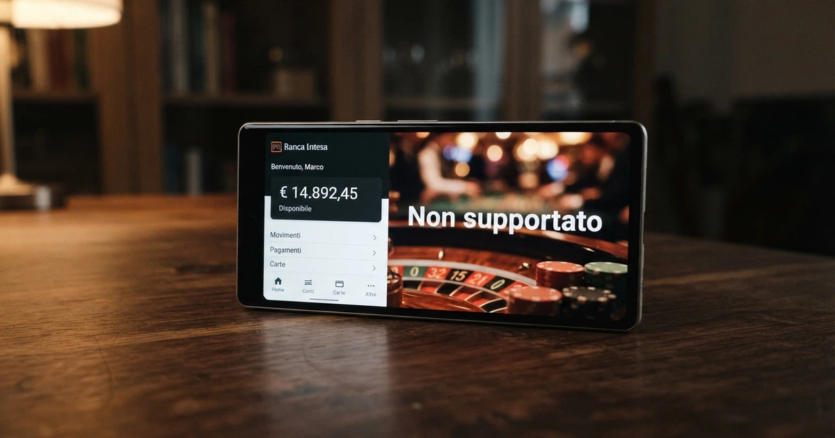 Un telefono con lo schermo diviso: a sinistra il logo MyBank e l'interfaccia di home banking, a destra la scritta «Non supportato» su uno sfondo che richiama un casinò online