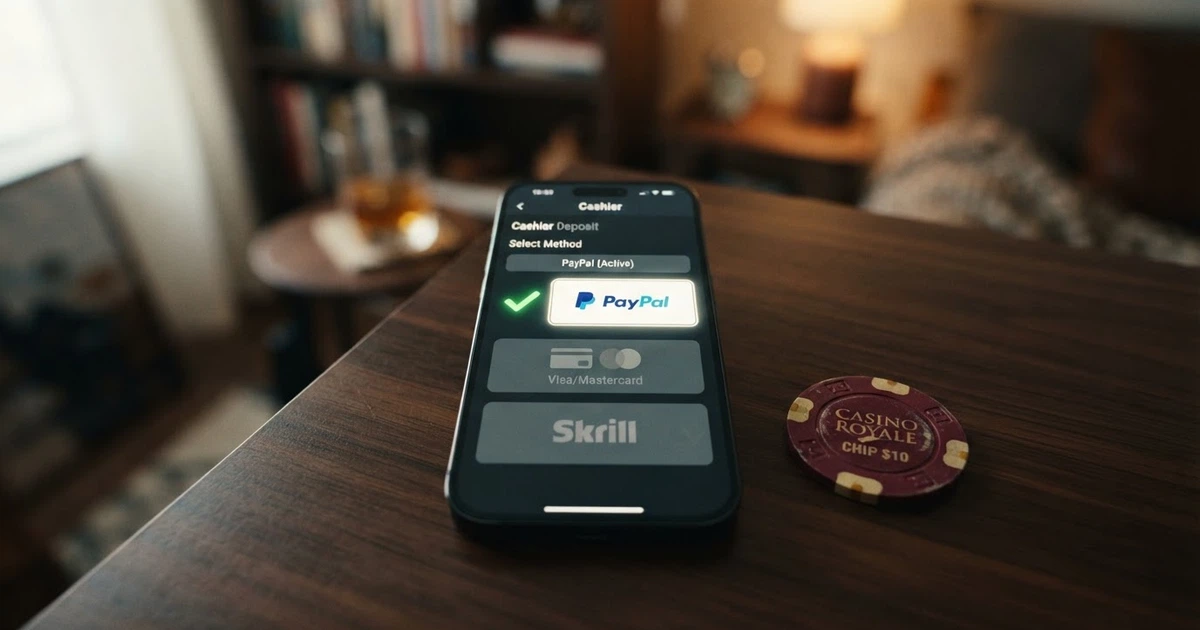L'interfaccia di pagamento di un casinò online con il logo di PayPal tra le opzioni del cassiere, affiancato da una spunta verde su un unico operatore e una croce grigia sugli altri nove