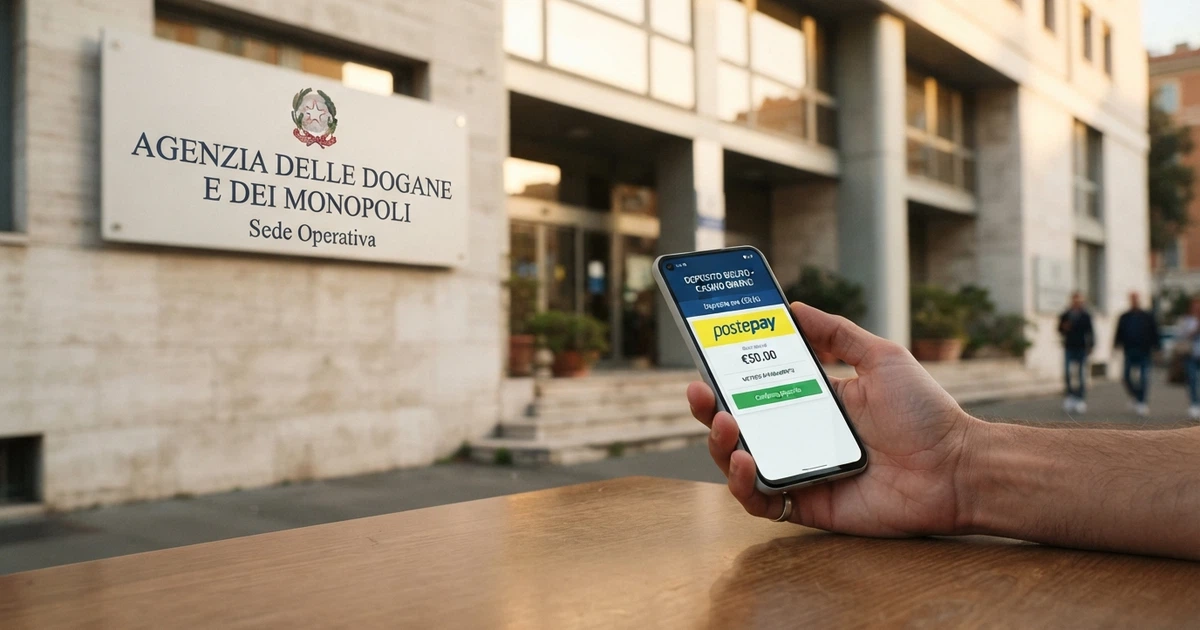 La facciata di un palazzo istituzionale italiano con l'insegna dell'Agenzia delle Dogane e dei Monopoli, affiancata da uno smartphone che mostra la schermata di deposito di un casino online con il logo PostePay