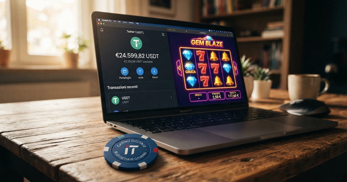 Uno schermo di laptop con un wallet crypto aperto accanto alla schermata di un casinò online, monete virtuali di Tether (USDT) in primo piano