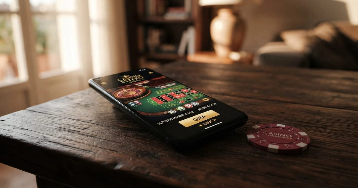 Un telefono con la schermata di un casinò online e una moneta da 4 euro appoggiata accanto