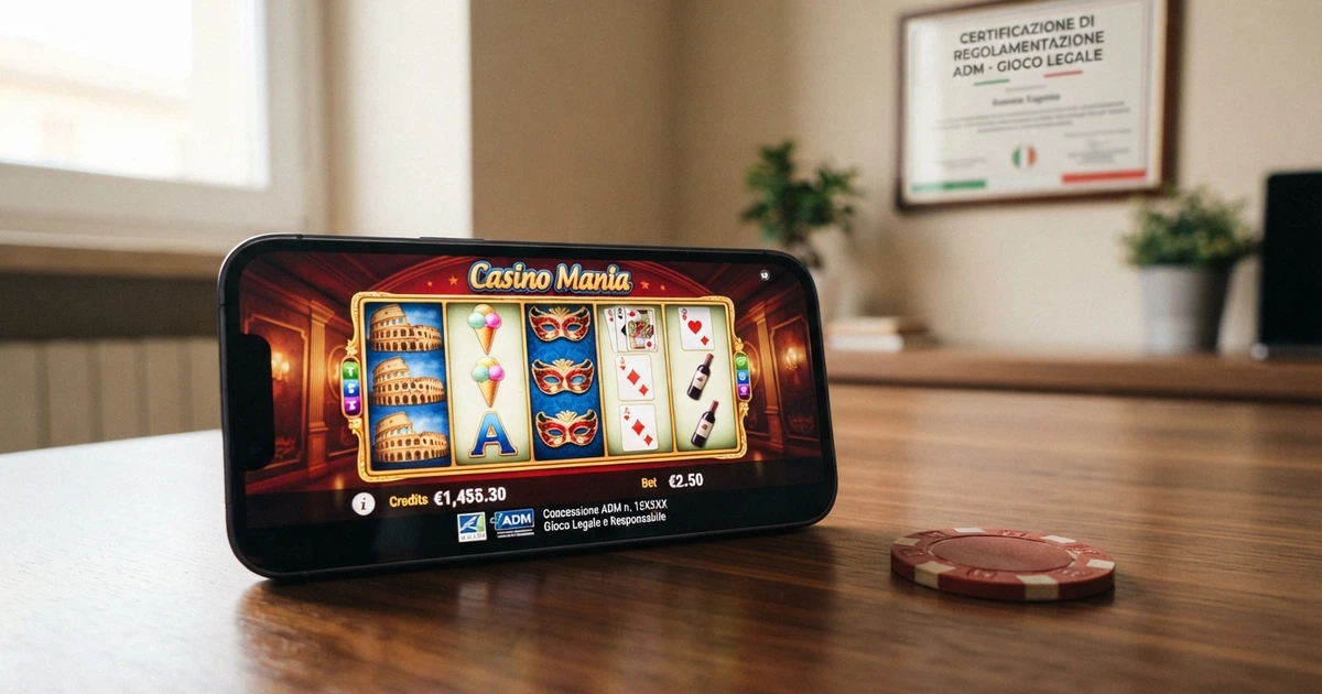 Un casinò online su schermo con il logo ADM e un segno di spunta verde accanto, in contrasto con un secondo schermo che mostra un sito bloccato con un simbolo di pericolo