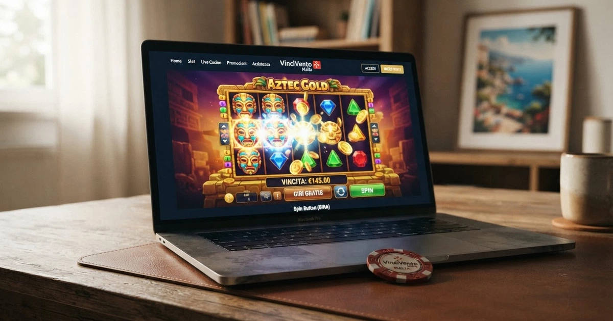 L'interfaccia di un casinò online con licenza Malta Gaming Authority aperta sullo schermo di un computer, con una slot machine colorata in primo piano e la barra di navigazione laterale con le sezioni Slot, Live Casino e Promozioni