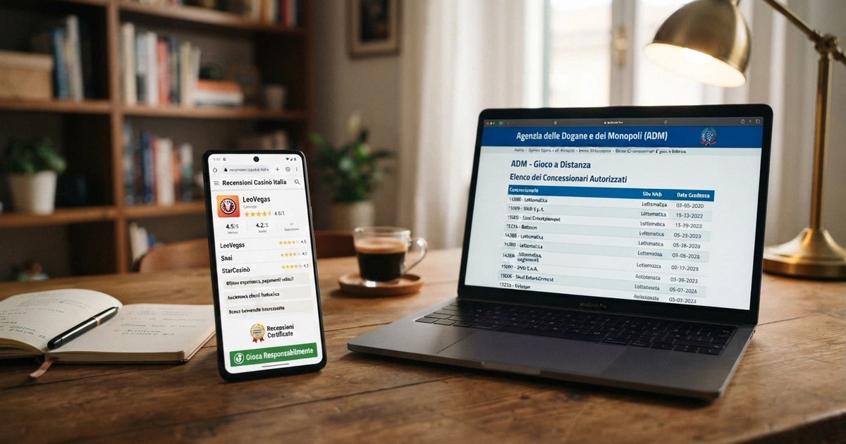 Primo piano di uno smartphone che mostra una pagina di recensioni di casinò online con valutazioni a stelle, affiancato da uno schermo di computer portatile aperto sulla lista dei concessionari ADM