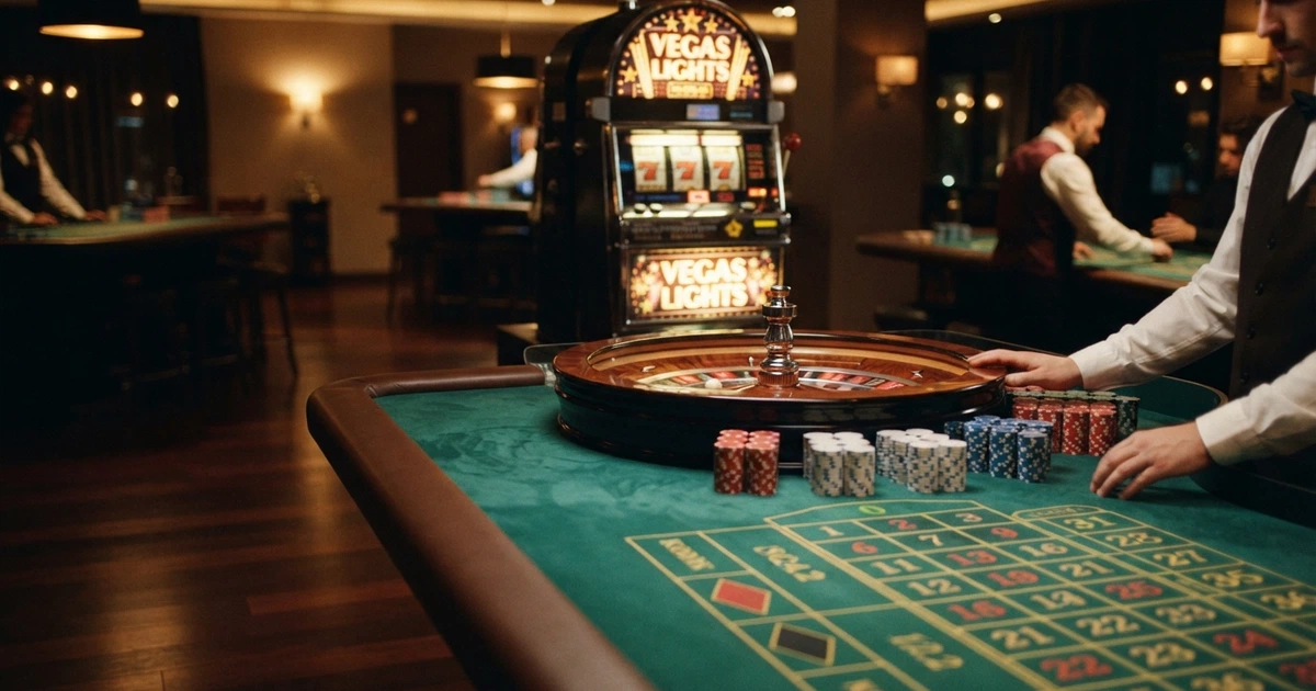 Un primo piano di una roulette in stile Las Vegas su un tavolo verde, con fiches impilate e una slot machine sullo sfondo, il tutto inquadrato in una luce calda da casinò