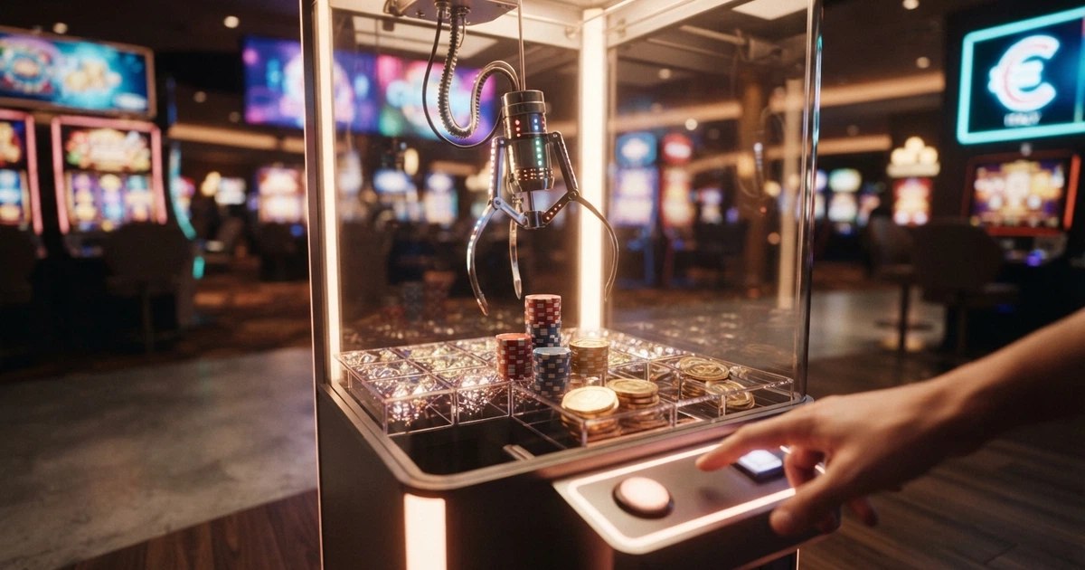 Una pinza meccanica virtuale che afferra un premio luminoso sopra una lobby di casinò online
