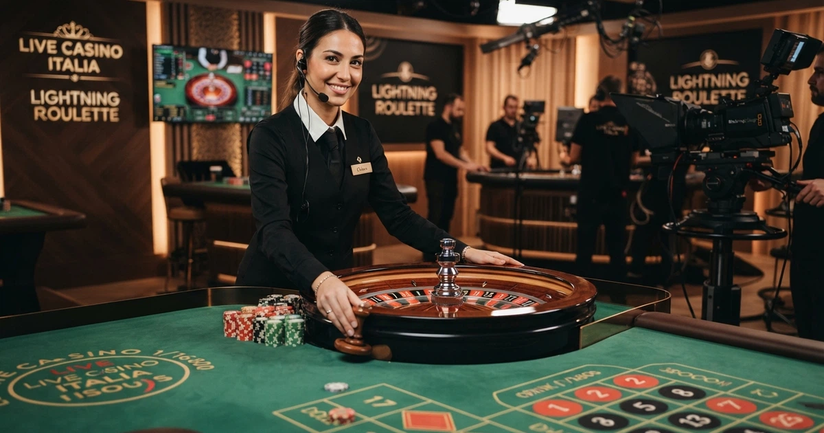 Un croupier dal vivo in uniforme dietro un tavolo da roulette in uno studio di produzione con illuminazione professionale, schermi e telecamere HD.