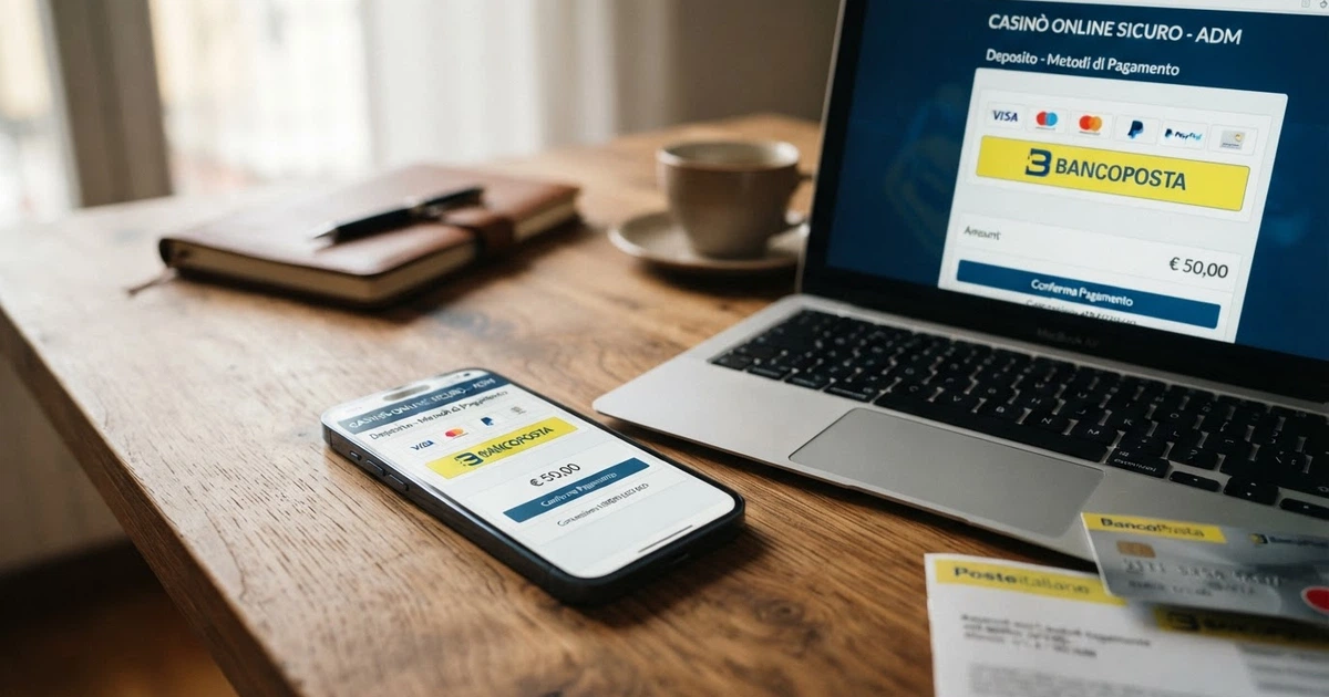 Un telefono e lo schermo di un computer mostrano l'interfaccia della cassa di un casinò online con il logo Bancoposta tra i metodi di pagamento selezionabili, accanto al logo di Poste Italiane.