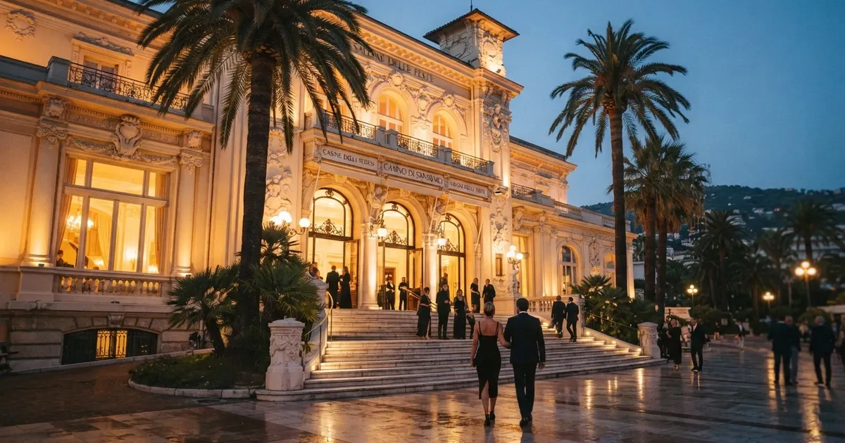La facciata liberty del Casinò di Sanremo su Corso degli Inglesi, con palme e giardini