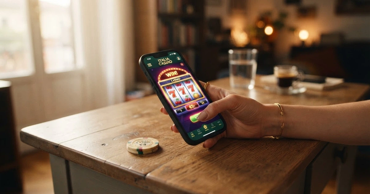 Un giocatore osserva la schermata di un casinò online su un dispositivo, con un'icona a forma di dado o ruota della roulette in evidenza sullo schermo