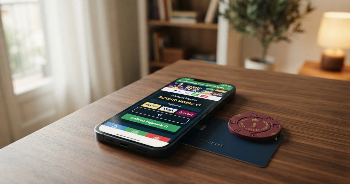 Uno smartphone che mostra la schermata di deposito di un casinò online con il simbolo 1€ in evidenza e una carta di credito accanto