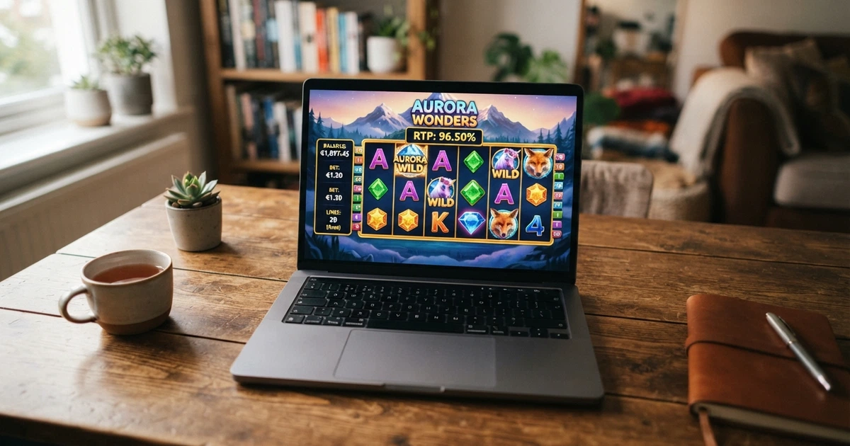 Un primo piano dello schermo di un computer portatile con la schermata informazioni di una slot machine online aperta, dove sono visibili la percentuale RTP, il valore della puntata e le linee di pagamento attive